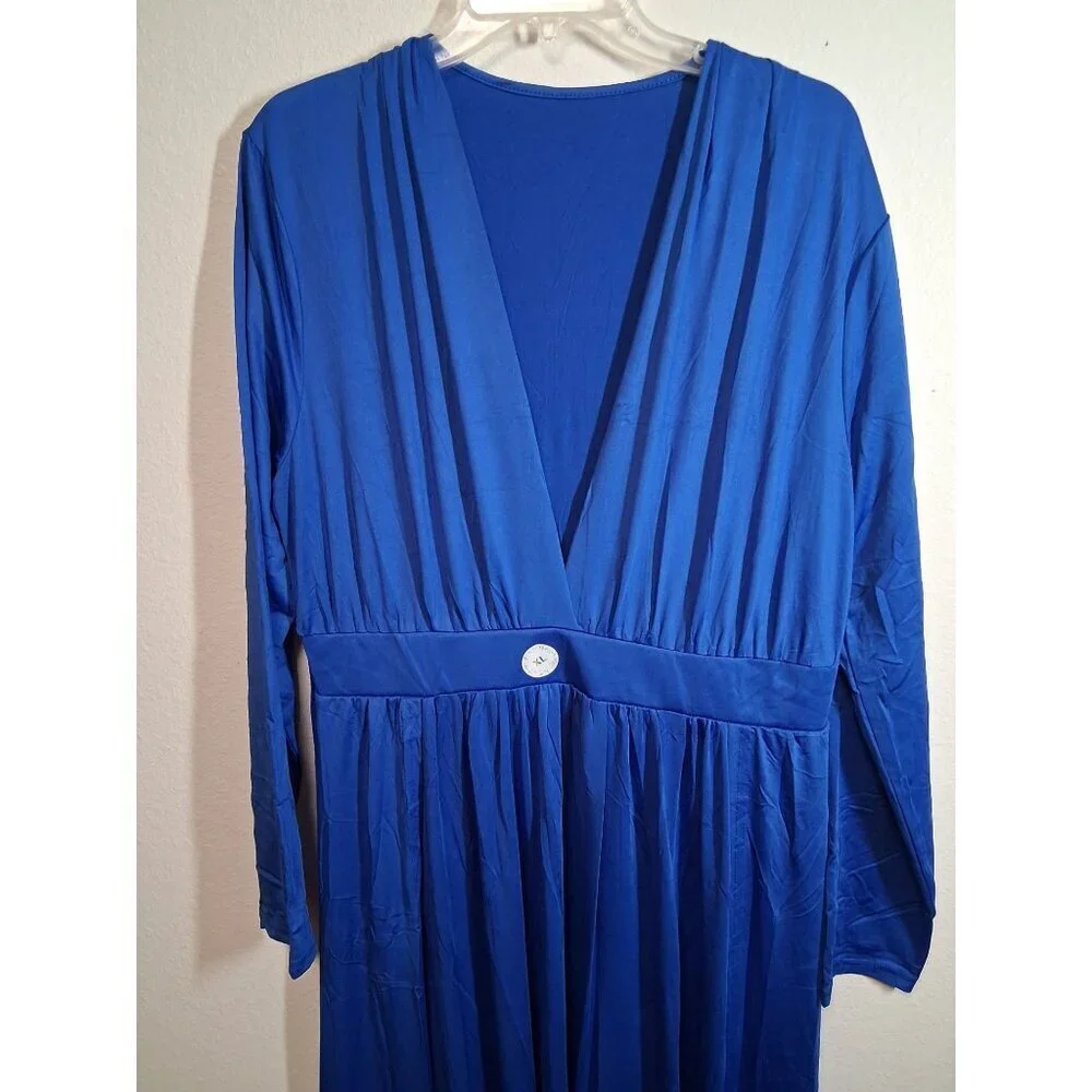 NWT Sexy Blue Dress Deep V Neck High Slit Long Sleeve Party Dance Size XL